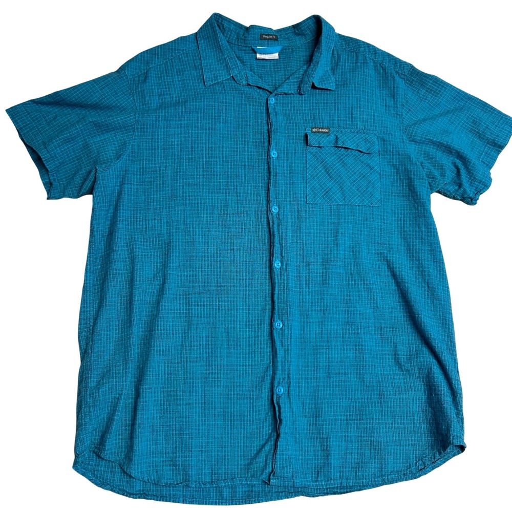 Columbia Mens XL Short Sleeve Button Down Shirt Teal Blue Textured Regular Fit